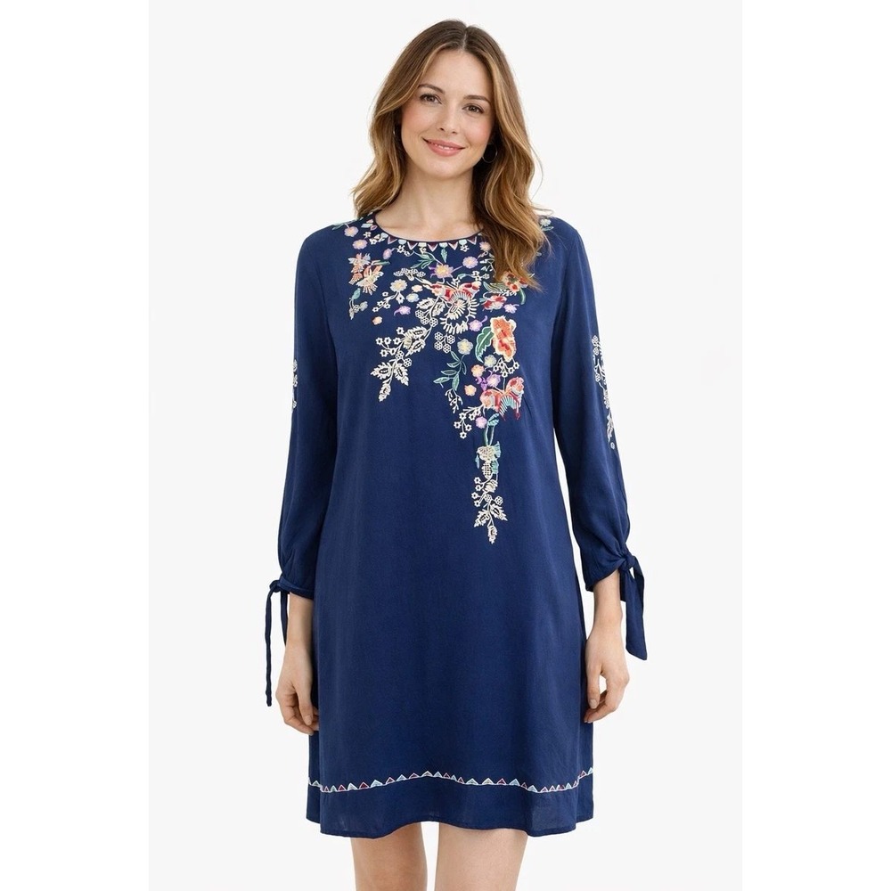 Kaktus Navy Blue Floral Embroidered Rayon Shift Dress Boho Tie Sleeve Medium